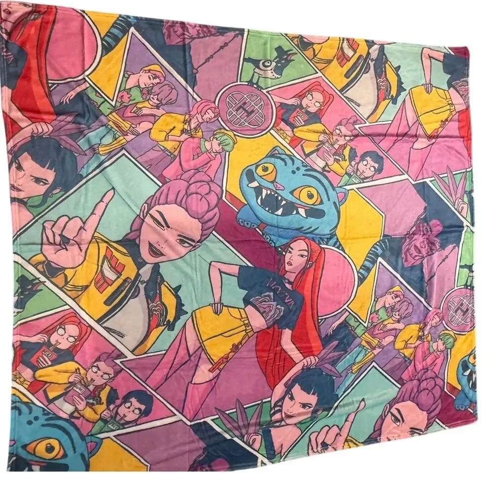 KPop Demon Hunters Throw Blanket 51x57 Rumi Mira Zoey Jinu Derpy Plush